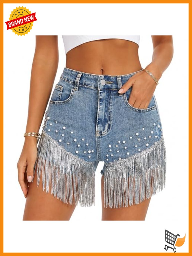 Womens Denim Shorts Fringe Rhinestone Pearl Beaded Stretchy Summer Fashion